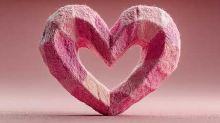 Pink textured heart sculpture standing upright on a pastel background