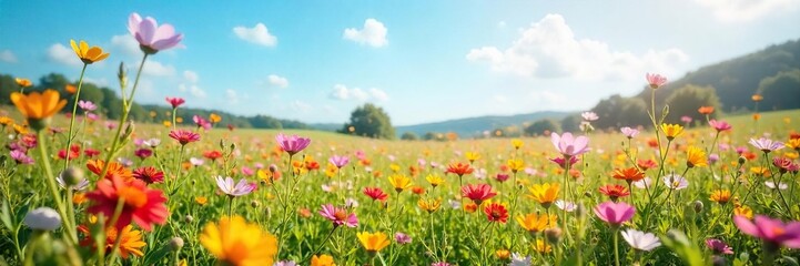 A vibrant field of wildflowers in full bloom under a bright spring sky, perfect for a relaxing picnic or leisurely stroll , bright, light