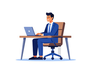 Smiling businessman in blue suit typing on laptop at modern desk