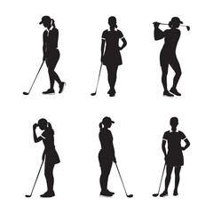 Naklejka premium Six silhouettes of female golfers playing golf