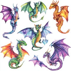 A colorful dragon with wings is depicted in isolation on a white background, created using watercolor techniques as an illustration, template, sketch, and handmade clip art