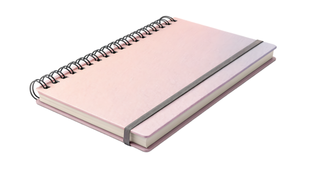 Pink spiral notebook with elastic closure isolated on transparent background