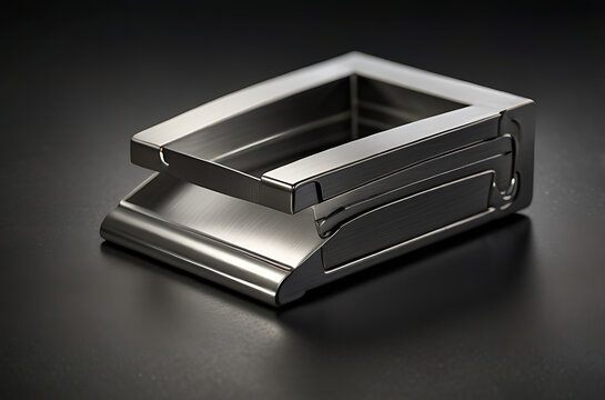 A sleek metallic object a pre press mold or an idam buckle against a dark reflective surface