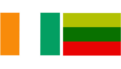 Ivory Coast Official flag with Lithuania national flag, both countries flags in Horizontal shape and isolated on white background
Rectangular colorful design Flag with together.