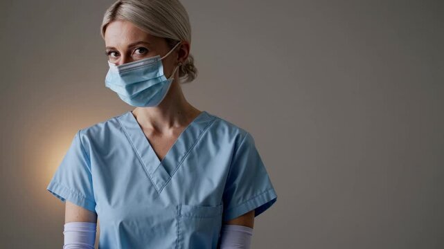 Healthcare professional in blue scrubs and surgical mask standing confidently against neutral gray studio background, representing medical safety and pandemic readiness