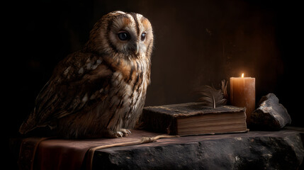 enchanted owl with glowing eyes and feathers, perched on ancient book under candlelight 