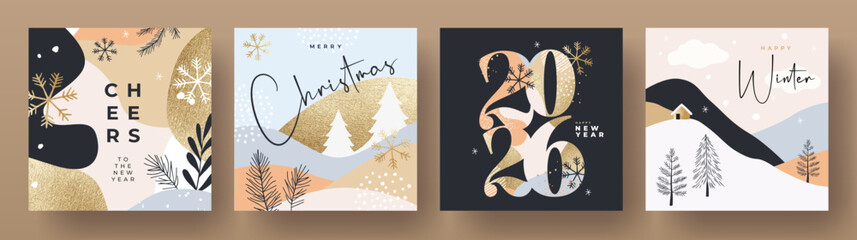 Merry Christmas and Happy New Year's Eve 2026 set of greeting card, poster, web banner, holiday cover. Xmas design template in trendy boho style with doodles for ads, sales, print and season greetings