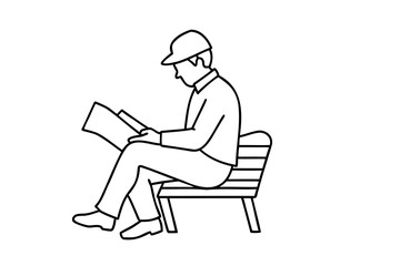 Man sitting on a bench reading a book line drawing illustration