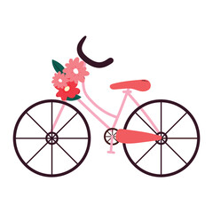 cartoon bicycle with black and pink color with flowers on it. cute transport drawing for sticker, cute doodle