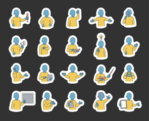 Abstract guide character set with hands, books, signs, boards, devices, emotions, communication, presentation, teaching, reading, message, symbols, approval, music, and expressive human poses