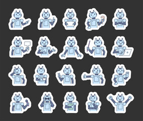 Robot guide character set with android features demonstrate communication, direction, teaching, thinking, celebration, and various emotional reactions for yours illustration