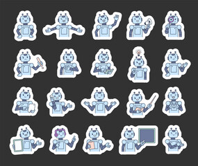 Robot guide character set with hands, books, signs, boards, devices, emotions, communication, presentation, teaching, reading, message, symbols, approval, music, and expressive android poses