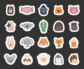 Adorable animal scandinavian style head character set with cute cartoon faces including bear, axolotl, gorilla, cat, pig, and other friendly creatures