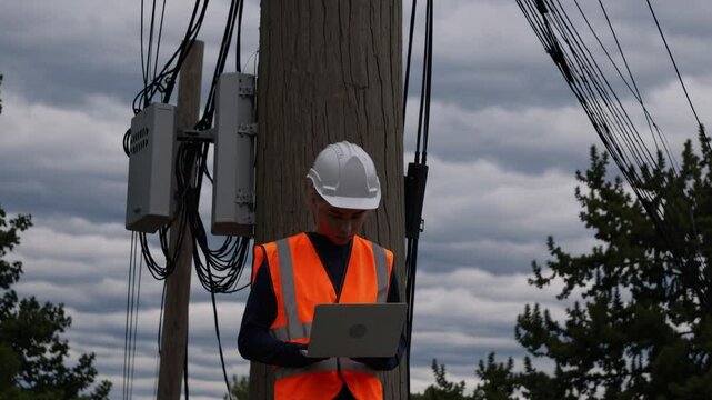 Female telecommunications technician working on telephone pole, analyzing network connection using laptop while performing maintenance in outdoor utility setting