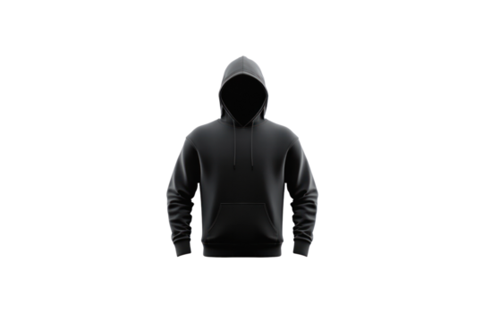 Black Hoodie Showcase: A pristine, minimalist presentation of a sleek black hoodie, showcasing its form and design against a seamless backdrop, emphasizing the clean lines and modern aesthetic.