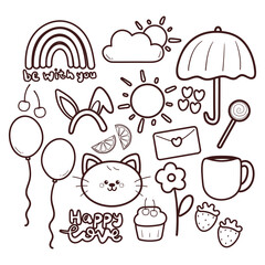 set of coloring page doodle with cute stuff cartoon set.cute drawing for coloring sticker, drawing book