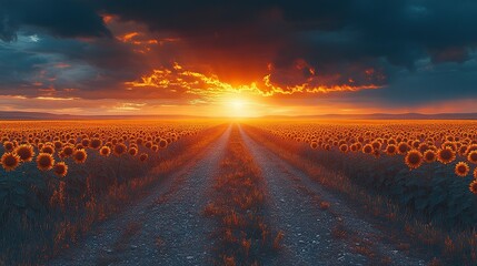 Sunflowers Sunset Road Field Dramatic Sky