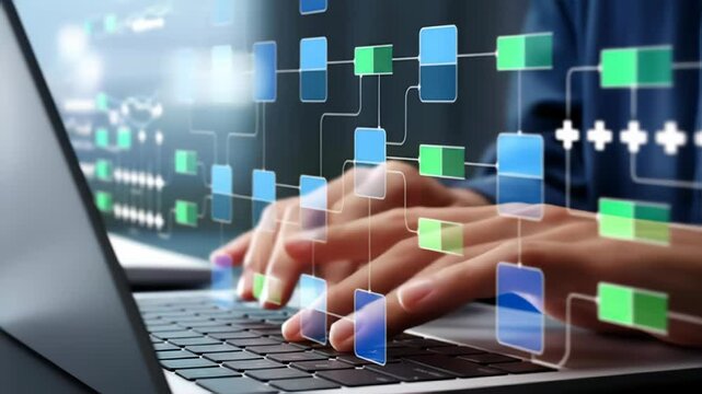 Data flow diagram. Process data flow analysis. An engineer is using a laptop computer to manage a data processing system. Smart planning, project task management, digital flowchart interface concept.