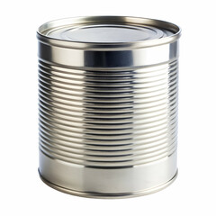 Isolated studio shot of a shiny metallic canned food product on a white background