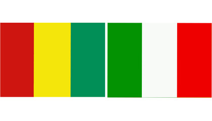 Obraz premium Guinea Official flag with Italy national flag, both countries flags in Horizontal shape and isolated on white background Rectangular colorful design Flag with together.