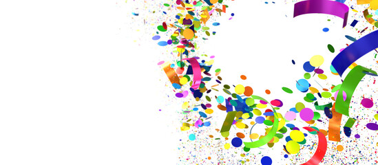 Festive background with colorful confetti and ribbons. Perfect for party invitations, celebrations, and more!