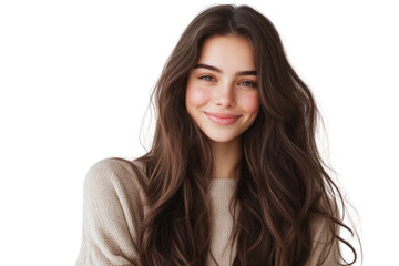 Smiling Woman Portrait: A young woman with long, flowing brown hair smiles gently at the camera, showcasing her natural beauty and confidence.