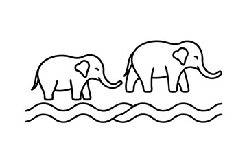 Two elephants walking in a river line drawing illustration
