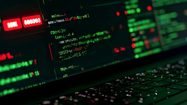 Close-up of a dimly lit laptop displaying green and red code on screen, representing dark web data leaks, hacking activity, and cybersecurity threats in a covert digital environment.