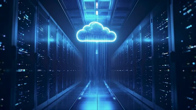 Futuristic cloud computing concept showing glowing cloud icon above a server room, symbolizing data transfer and digital transformation during the cloud migration process in a secure environment. - Powered by Adobe