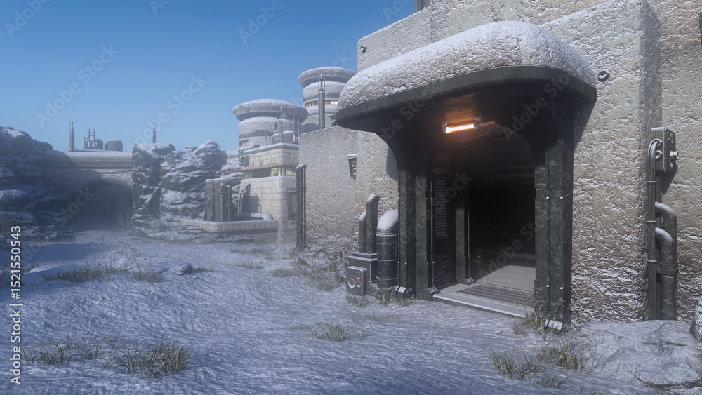 Poster entrance to a building of a sci-fi fantasy artic outpost building. 3d render.
