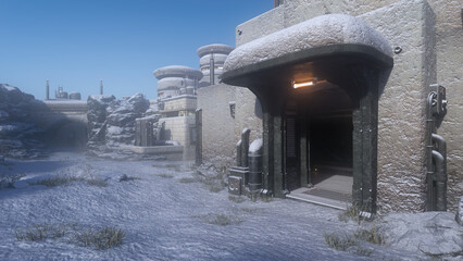 Entrance to a building of a sci-fi fantasy artic outpost building. 3D render.