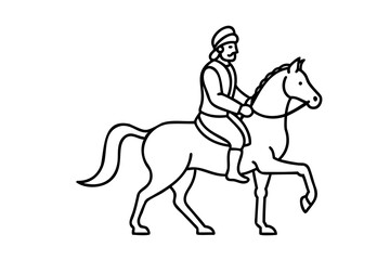 Line drawing of a man in traditional clothing riding a horse