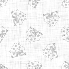 White neutral minimal house motif with linen effect texture for baby nursery seamless background. Modern muted simple soft pattern for wallpaper, home decor, white grey design. 
