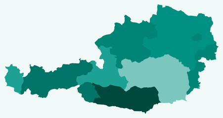 Map of Austria with regions. Just a simple country border map with region division. Teal color palette. Flat Austria shape with administrative division. Vector illustration.