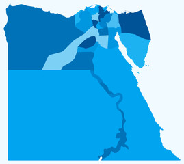 Map of Egypt with regions. Just a simple country border map with region division. Light blue color palette. Flat Arab Republic of Egypt shape with administrative division. Vector illustration.