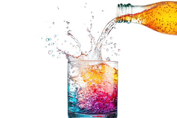 Rainbow Splash: A vibrant, colorful drink is poured into a glass, creating a dynamic splash of rainbow hues. The image is full of energy and life.