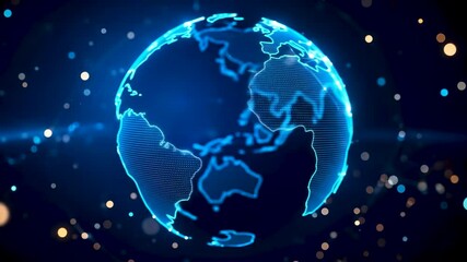 A glowing wireframe globe made of triangular mesh geometry, global internet connectivity with bright connection points and abstract network lines over a dark digital background, seamless looped video - Powered by Adobe