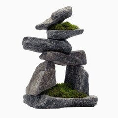 Balanced Stone Cairn with Moss, Zen Garden Decor,