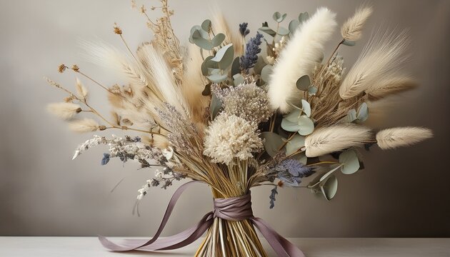 Ein rustikaler Trockenblumenstrau&szlig; mit Lagurus (Hasenschwanzgras), Eukalyptus, Schleierkraut und getrocknetem Lavendel, locker gebunden mit Juteband