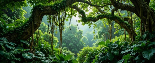 A tropical forest canopy, draped in green vines and leaves, envelops a winding path, creating a serene and verdant atmosphere