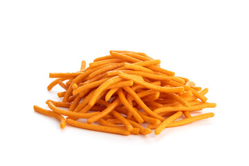 Heap of Hot chili biscuit sticks isolated on white background.crispy, delicious and full of flavor.Thai snack food call chicken legs.