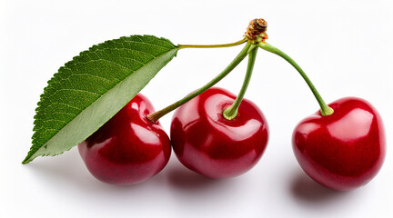 cherries with leaves with shadow on white background