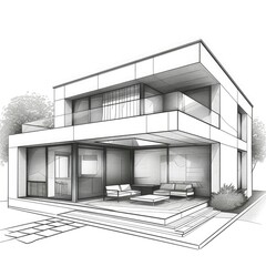 A simple black and white sketch illustration of a modern house. The design features large windows, a flat roof, and a spacious patio area with outdoor seating.