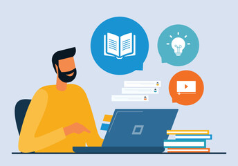 business online education. a man working and learning online on a laptop. flat illustration design concept
