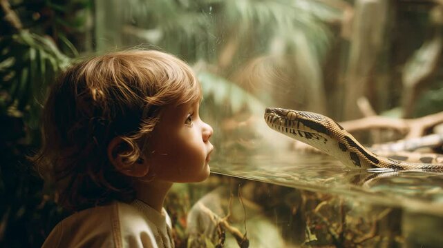 Child looking at snake in zoo, curious toddler watching reptile through glass enclosure, educational moment at wildlife exhibit, soft natural light and jungle setting