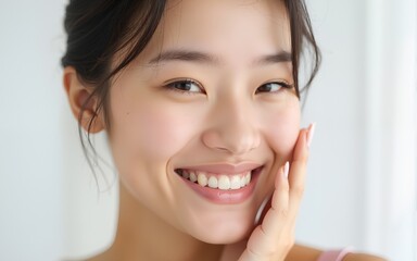 A closeup of a radiant asian woman with smooth, hydrated skin, gently touching her cheek while smiling against a soft, white background. High quality