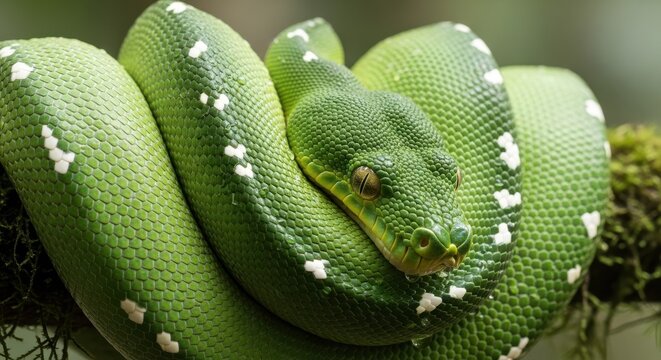 Green Tree Python Curled on Branch