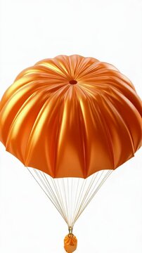 Bright orange parachute with attached package floats against a clean white background with multiple thin lines attaching the two.