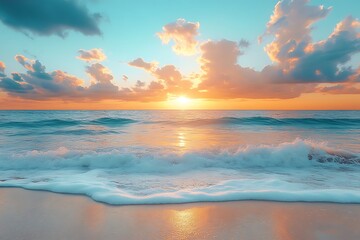 Obraz premium Serene sunset ocean waves beach scene