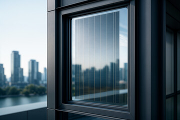 Obraz premium A modern window pane equipped with integrated solar panels is set against a blurred cityscape background, illustrating urban renewable energy solutions.